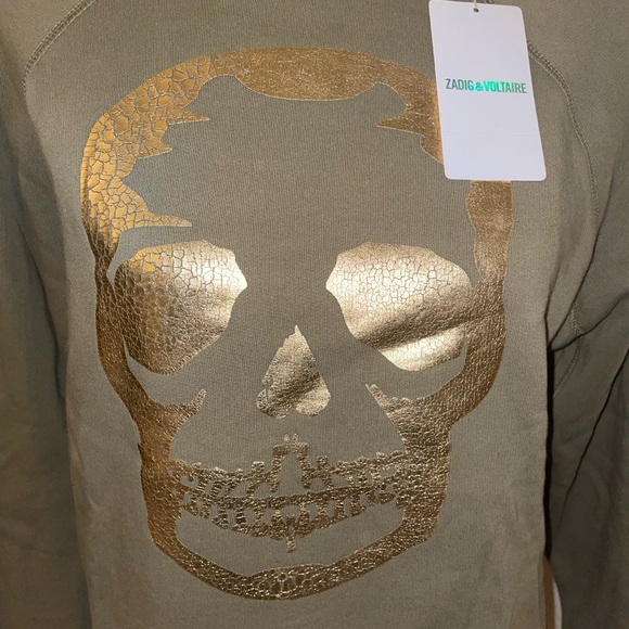 🎉HP🎉 Zadig & Voltaire Upper Skull Gold/Khaki 100% Cotton Sweatshirt Size XS✨ - Picture 4 of 14